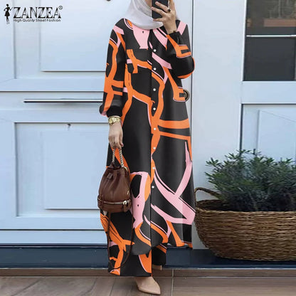 ZANZEA Fashion Matching Sets Muslim Suit Long Sleeve Blouse Wide Leg Pants 2PCS Woman Vintage Floral Printed Tracksuits