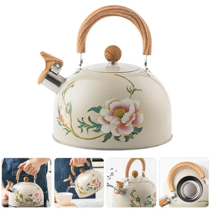 Boiler Kettle Floral Enameled Teapot Stainless Steel Pvc Chinese Kitchen Gadget Whistling