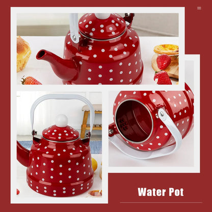 Enamel Kettle Red Polka Dot Durable Heating Water Kettle Lovely Enamel Teapot Kitchen Teapot Metal Tea Kettle For Home