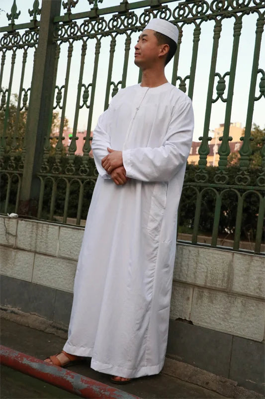 National Costume Men Muslim Clothing White Jubba Thobe Long Sleeve Robes Dubai Middle East Men Islamic Arabic Kaftan Headwear