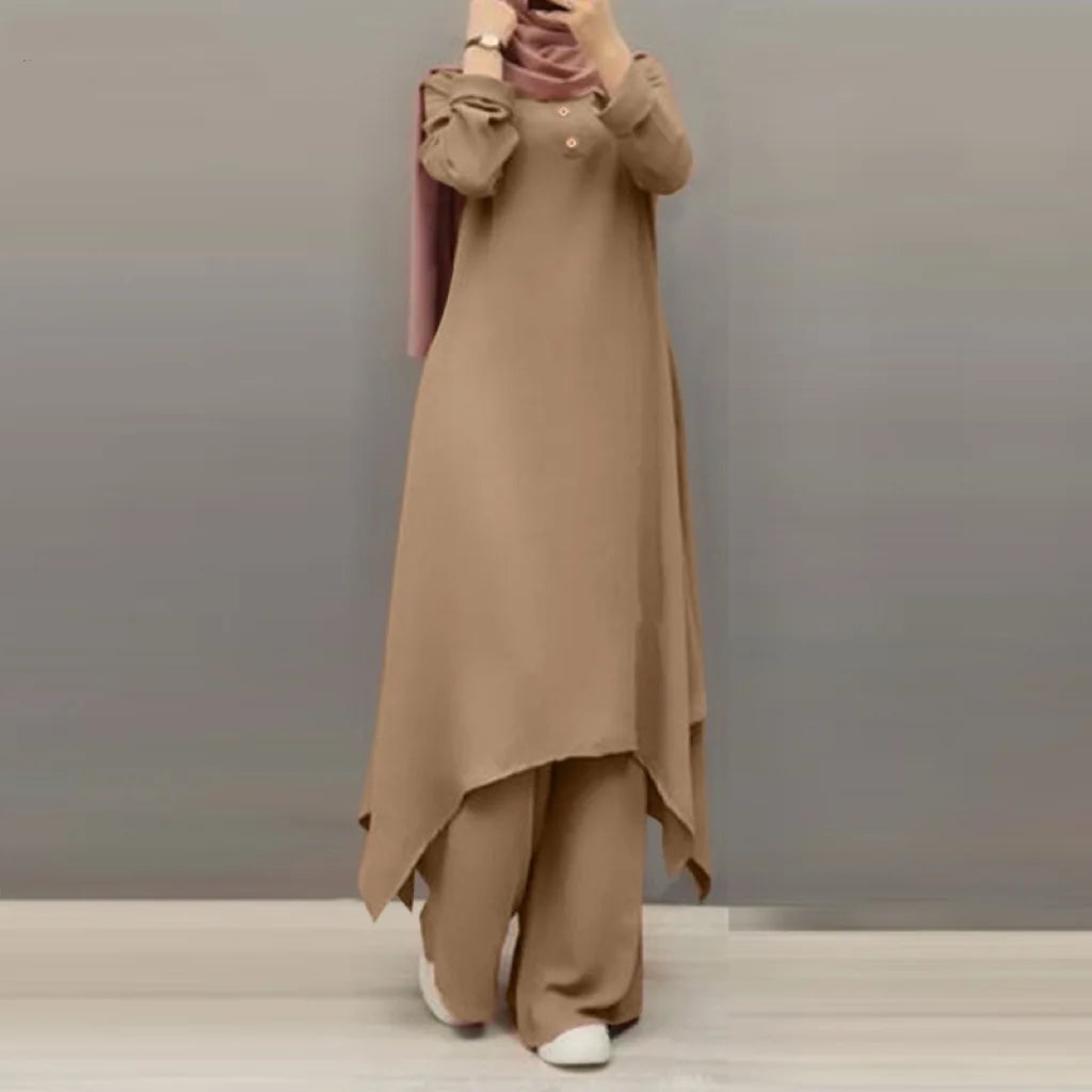 Traf Muslim Pants Suit Women Long Sleeve Blouse Abaya Loose Matching 2-pc Set Solid Bottoming Shirts Fashion Clothing StreetWear