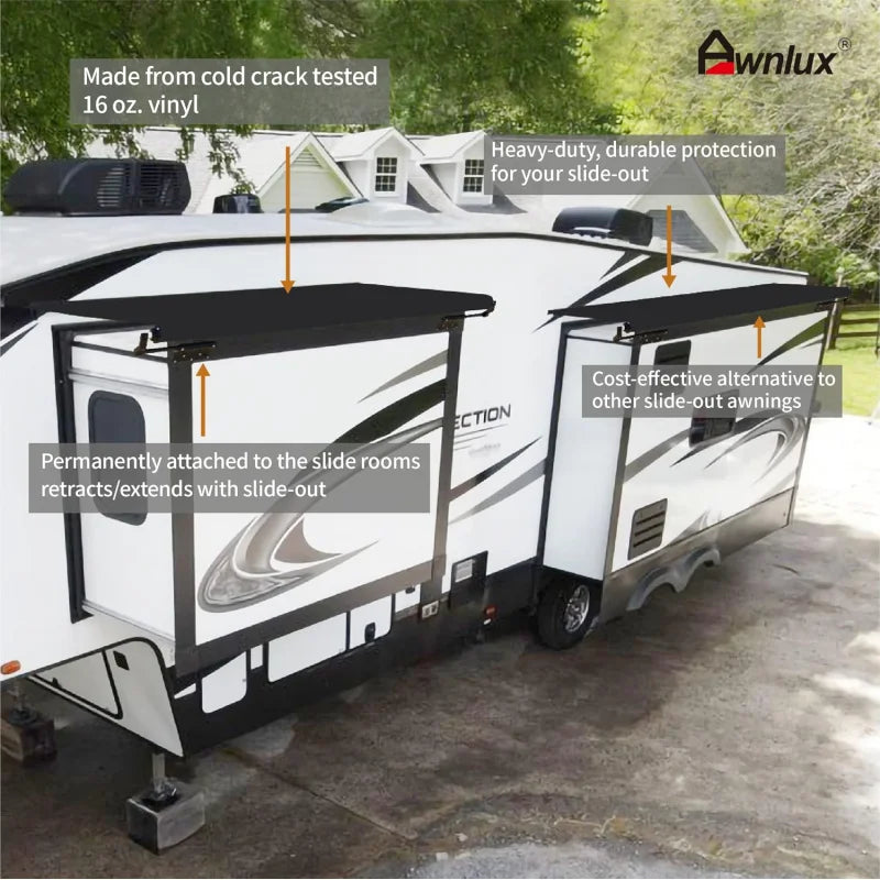 Black modular slide topper awnin out awning kit protection for RVs, travel trailers, 5th wheels, and motorhomes