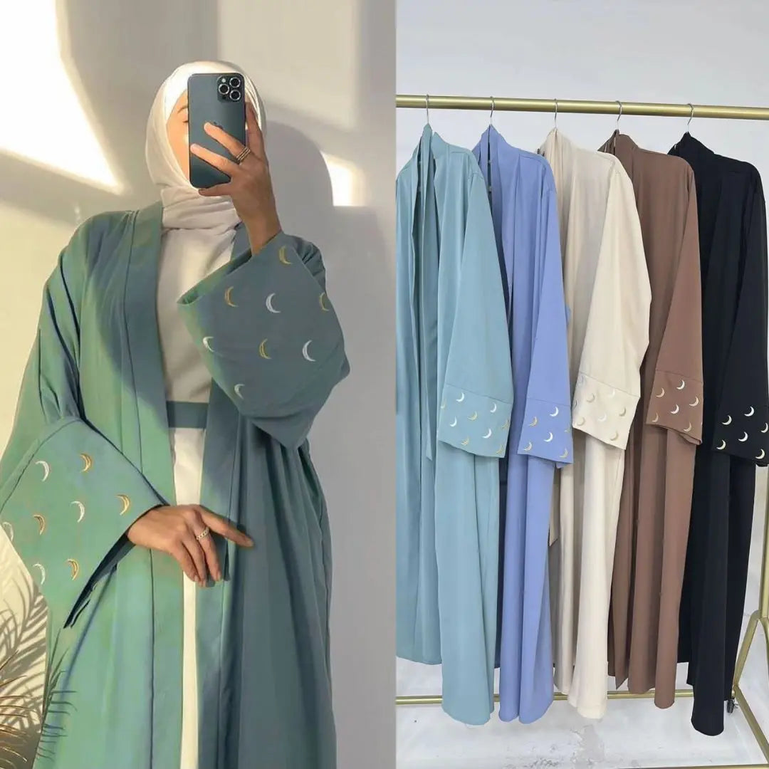 2024 New Moon Embroidered Dubai Open Abaya Muslim Women Cardigan Turkey Elegant Robe Islam Long Coat Modest Abaya