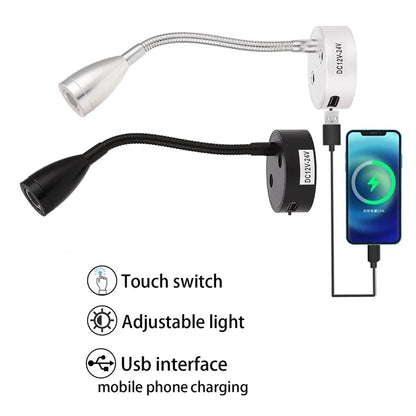 1x RV LED Reading Light DC12V 24V Smart Touch Dimmable Flexible Gooseneck Wall Lamp For Motorhome Yacht Cabin with USB port