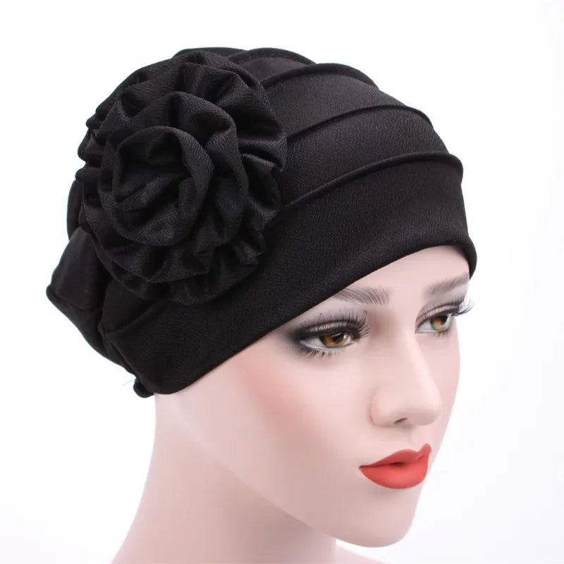 Elegant Shiny Turban Cap Women Muslim Hijab Islamic Jersey Chemo Cap Big Flower Head Scarf Ladies Head Wrap Cover Hijab Scarf