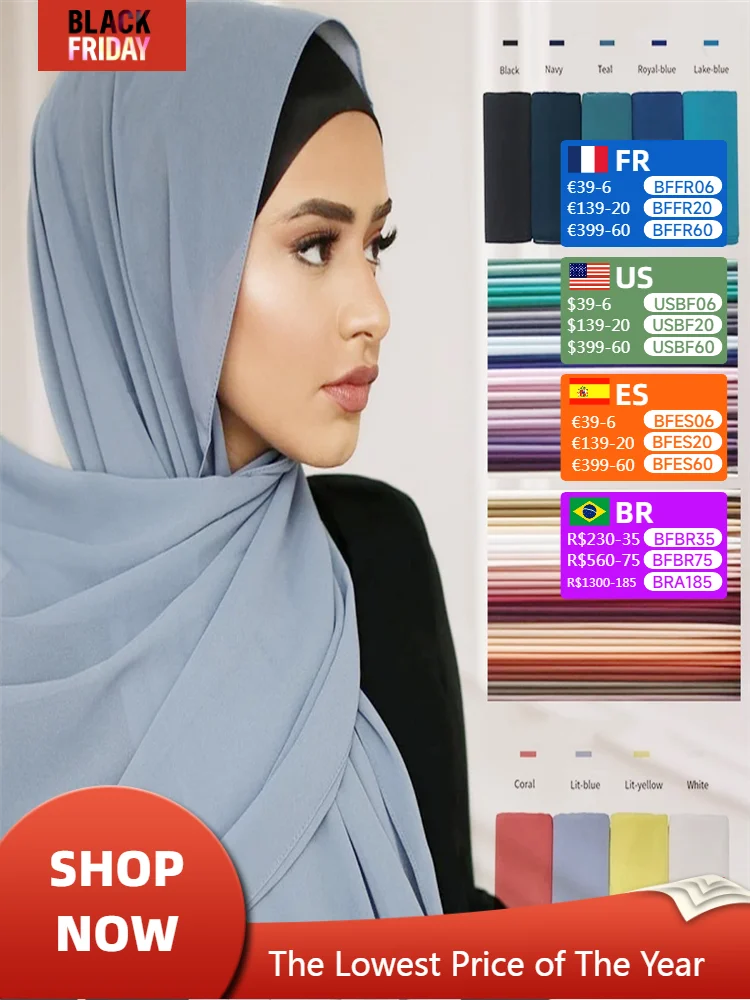 Ramadan Muslim Chiffon Hijabs For Woman Plain Color Headscarf Long Shawl Scarf Women Jersey Hijabs Ladies Islam Voile Hijab