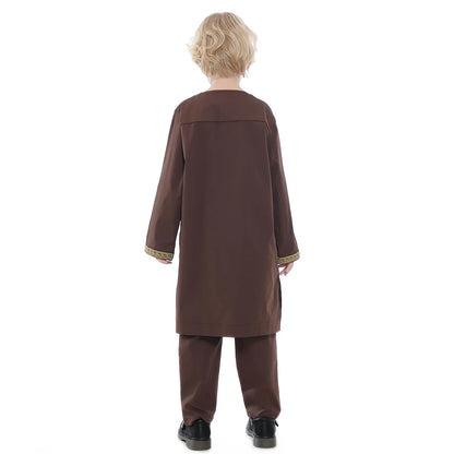 2025 Muslim Children Robe 2pc Set Long Sleeve Embroidery Dress Shirt+Pants Boys Fashion Abaya Kaftan Thobe Kids Islamic Clothing