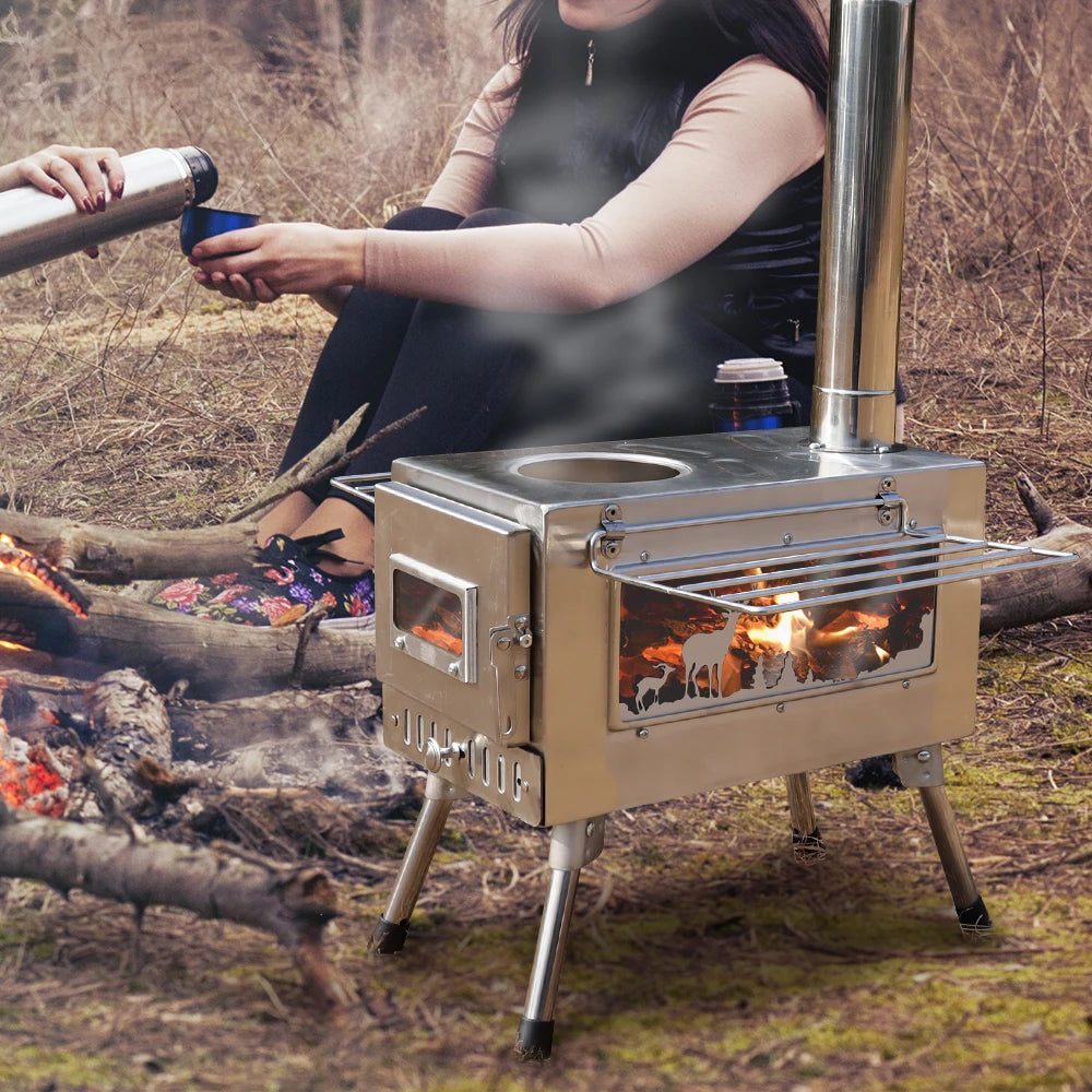 Large Portable Fire Wood Stove with Window Pipe, Tent Heater, Cot Camping, Ice-fishing Cooking, Outdoor BBQ