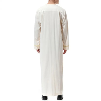 Men's Muslim Robes Middle East Arab Ramadan Islamic Clothing Solid Color Casual Lace Round Neck Long Sleeve T-shirt Dress Tunic