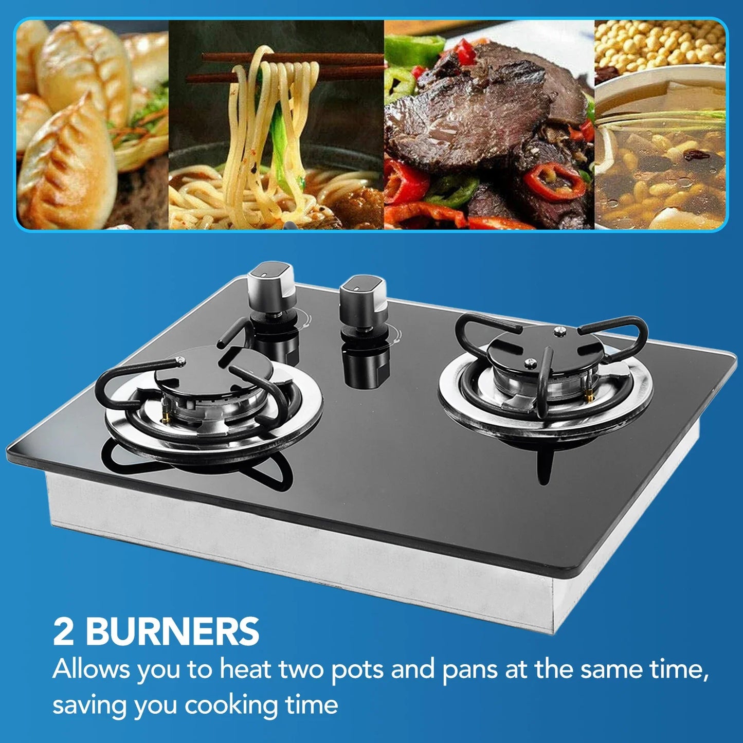 RV Gas Stove 2 Burners 1.8Kw Power Tempered Glass Panel Easy to Clean Gas Cook Top for RV Boat Caravan Camper