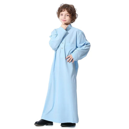 Solid Stand Collar Boys Kids Islamic Muslim Juba Kaftan Robe Arabian Dubai Qatar Children Long Dress Singel-Breasted Abaya Robe