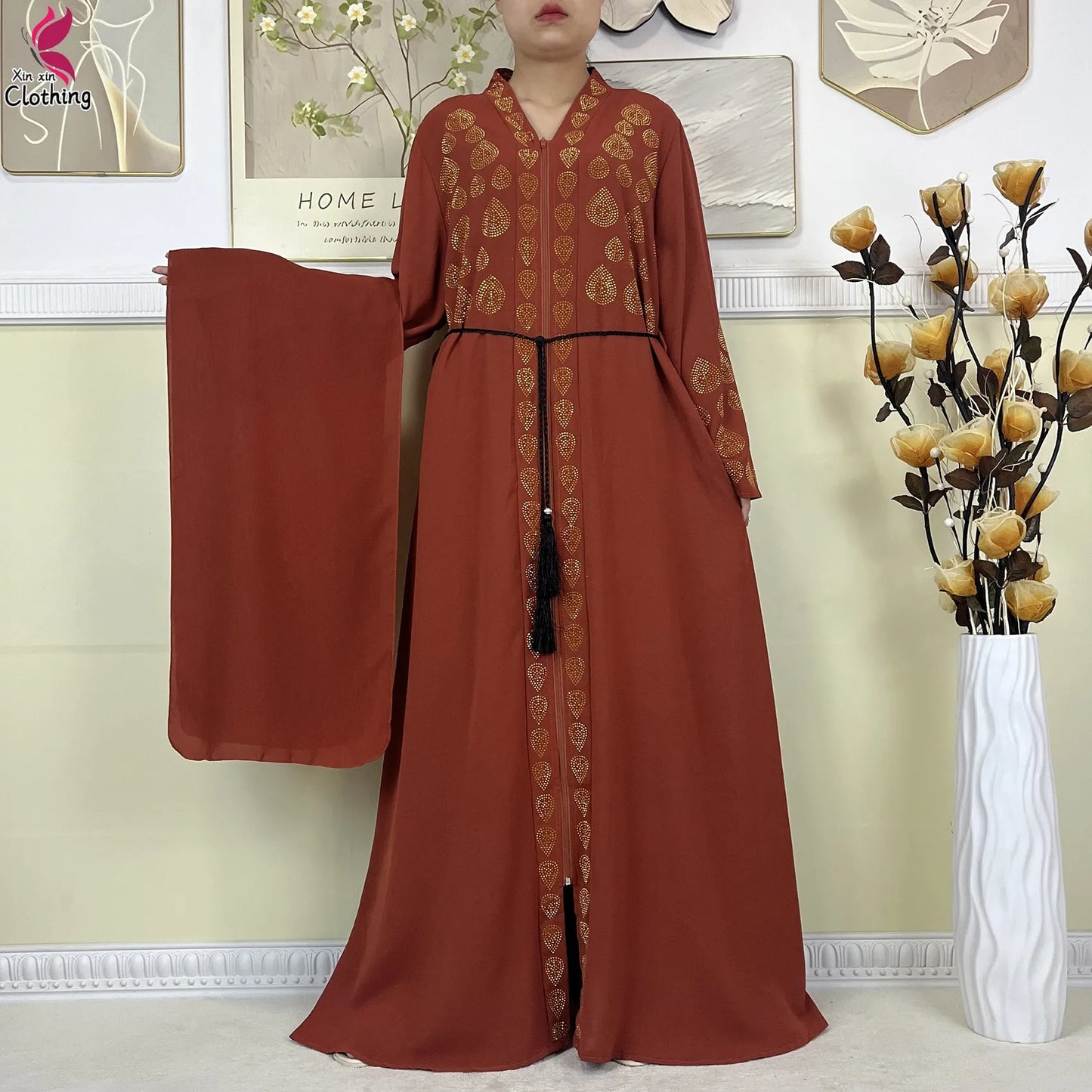 New Muslim Abayas For Women Long Sleeved Dress Dubai Lady Elegant Long Dress Islam Clothing African Abaya Loose Robe With Turban