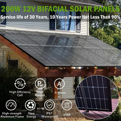 Bifacial 200 Watt Solar Panel 12V 10BB Monocrystalline Solar Panels High Efficiency Solar Module for RV Home Battery Charging