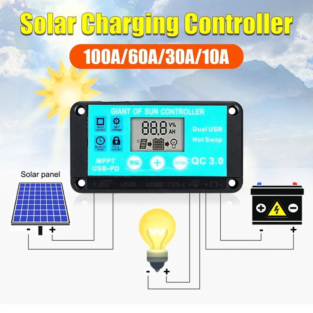 10A MPPT Solar Charge Controller 12V/24V Multiple Protection Solar Panel Regulator LCD Display Fast Charging 3.0 Battery Charger