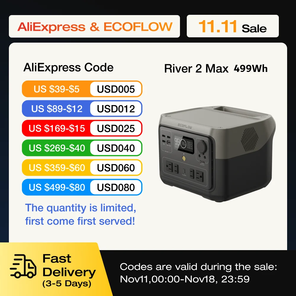 ECOFLOW Portable Power Station RIVER 2 Max, 499Wh/512Wh LiFePO4 Battery/ 1 Hour Fast Charging, Up To 1000W Output