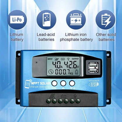 12V 24V WiFi bluetooth MPPT Solar Charge Controller w/LCD Display Dual USB For Lead-acid Lithium Battery 100A 60A 40A 30A