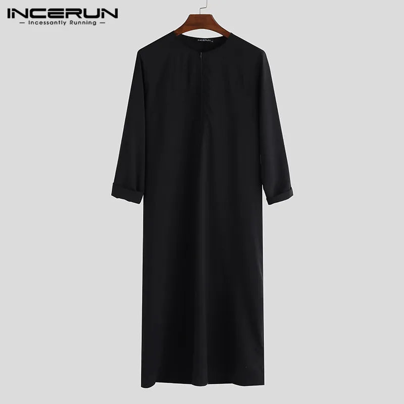 INCERUN Men Muslim Arabic Kaftan Islamic Long Sleeve Abaya Robes Solid Color Saudi Arabia Dress Jubba Thobe Men Clothing S-5XL