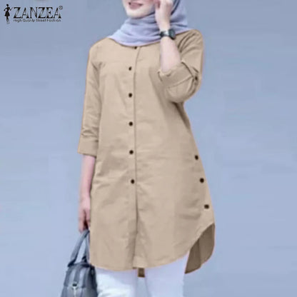 ZANZEA Fashion Abaya Muslim Blouse Woman Casual Holiday Baggy Shirt Long Sleeve O-Neck Tops Elegant Solid Islamic Clothing 2024