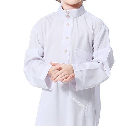 Solid Stand Collar Boys Kids Islamic Muslim Juba Kaftan Robe Arabian Dubai Qatar Children Long Dress Singel-Breasted Abaya Robe