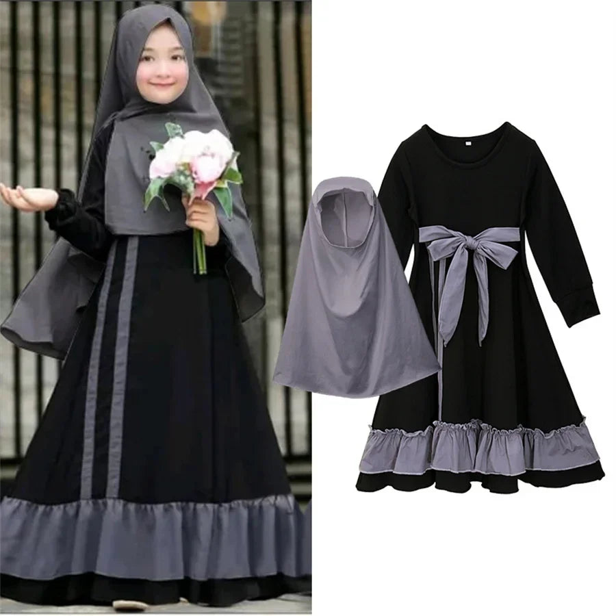 Muslim 2 Pcs Ramadan Sets Children Plain Robe Islam Girls Modest Clothing Kids Hijab Prayer Dress Abaya Dubai Turkey Kaftan Gown