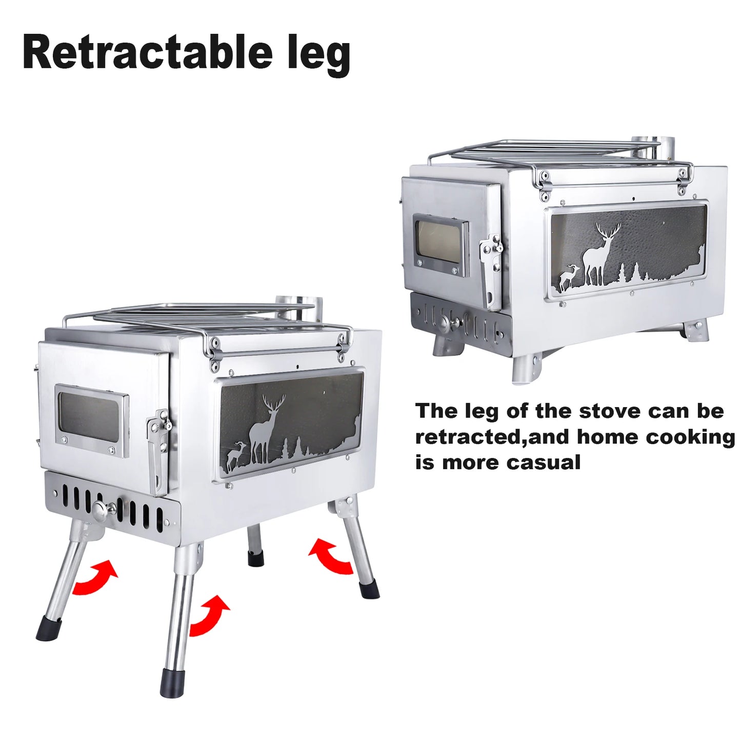 Large Portable Fire Wood Stove with Window Pipe, Tent Heater, Cot Camping, Ice-fishing Cooking, Outdoor BBQ