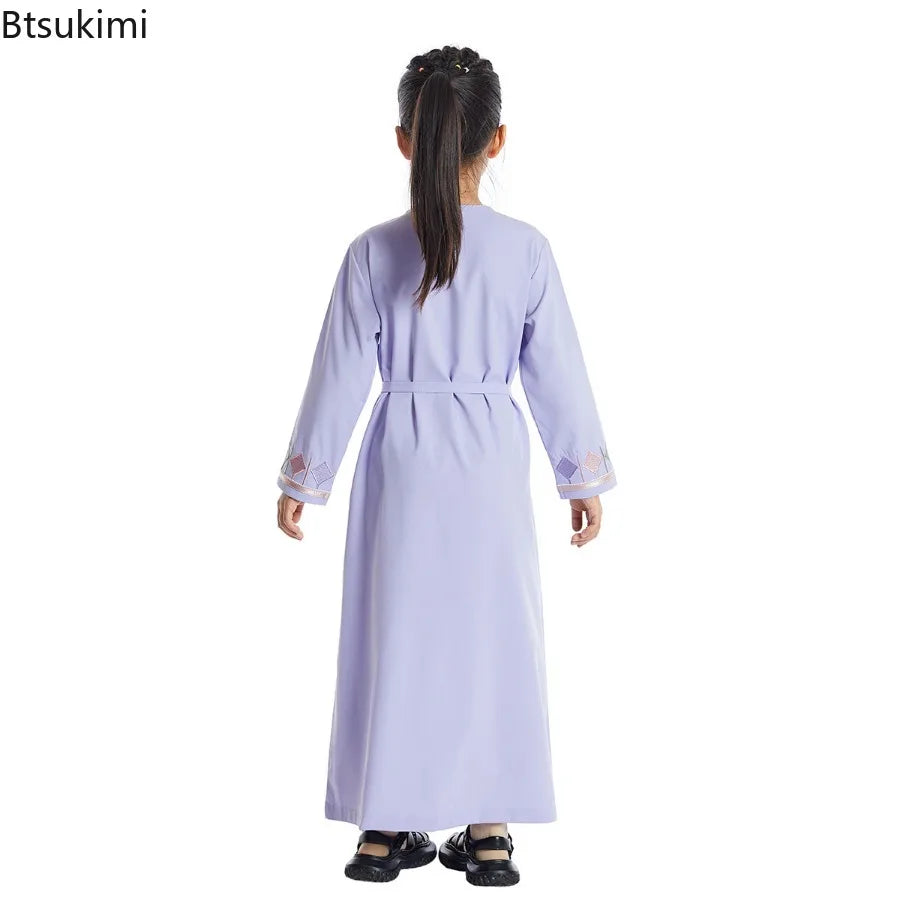 Moroccan Eid Muslim Kids Abaya Girls Embroidery Zipper Long Sleeve Maxi Dress Arabic Kaftan Robes Islamic Party Prayer Clothing