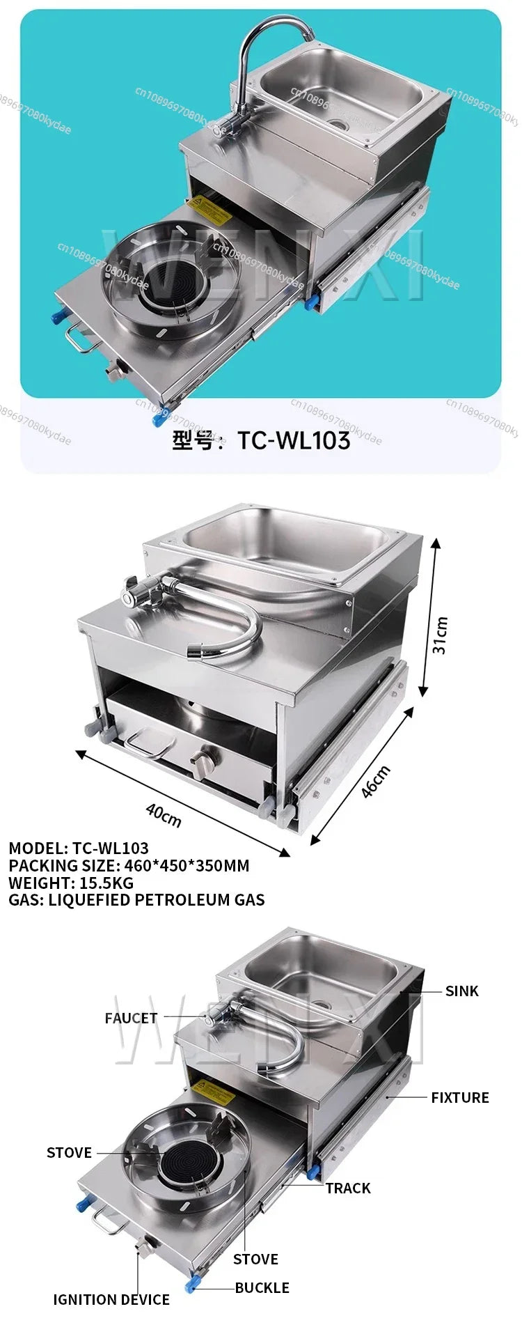 RV Stainless Steel Sink with Gas Stove Slide Out Kitchen for Camper Trailer Caravan Motorhome