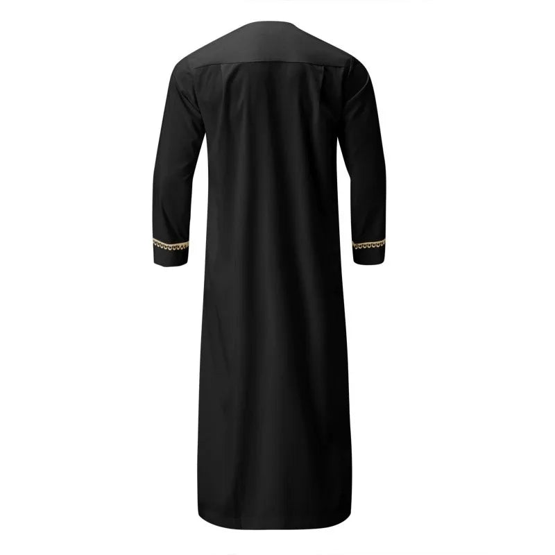 Men's Muslim Robes Middle East Arab Ramadan Islamic Clothing Solid Color Casual Lace Round Neck Long Sleeve T-shirt Dress Tunic