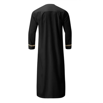 Men's Muslim Robes Middle East Arab Ramadan Islamic Clothing Solid Color Casual Lace Round Neck Long Sleeve T-shirt Dress Tunic