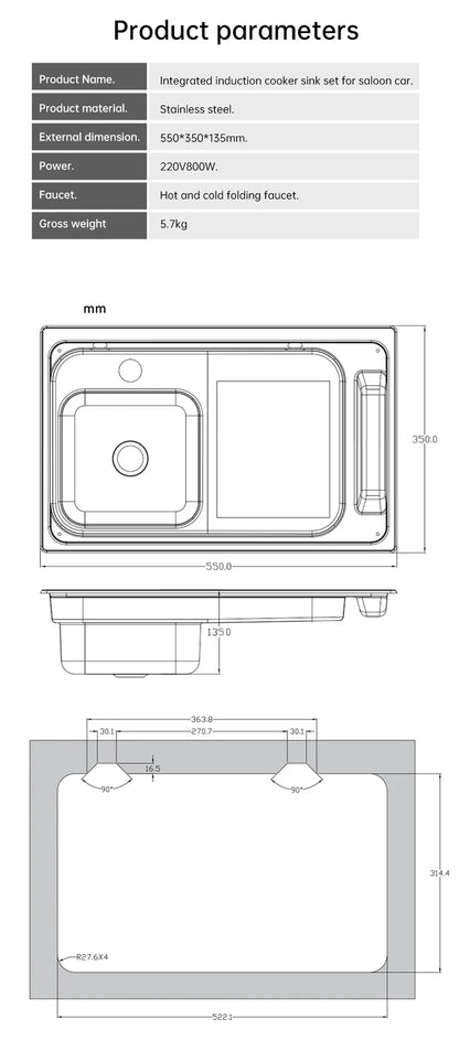 RV Stainless Steel Sink and Induction Cooker Combination Unit with Tempered Glass Lid for RV Caravan Motorhome Yacht