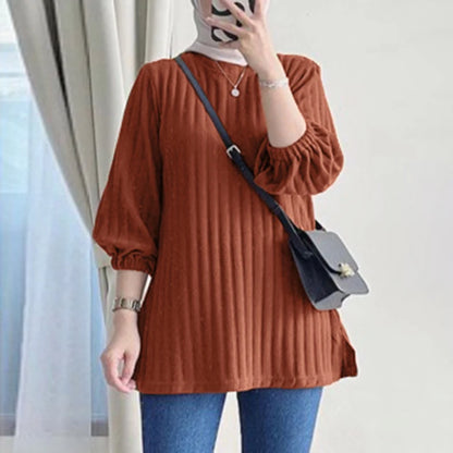 ZANZEA Women Muslim Hijab 3/4 Sleeve Ribbed Blouses Fall 2024 Tops Elegant Daily Shirt Casual Loose T-shirts Islamic Clothing