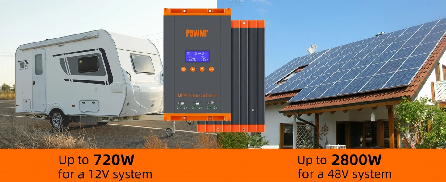 PowMr 60A MPPT Solar Charge Controller Parallel Connected Solar Power Array Controller 12V 24V 36V 48V Auto