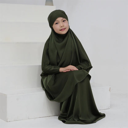 Gowns for Kids Girls Islamic Clothing 2 Piece Sets Dubai Muslim Outfits Overhead Hijabs Abaya Khimar Skirt Ramadan Eid Dresses