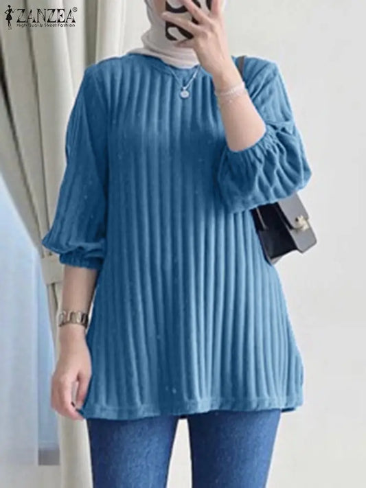 ZANZEA Women Muslim Hijab 3/4 Sleeve Ribbed Blouses Fall 2024 Tops Elegant Daily Shirt Casual Loose T-shirts Islamic Clothing