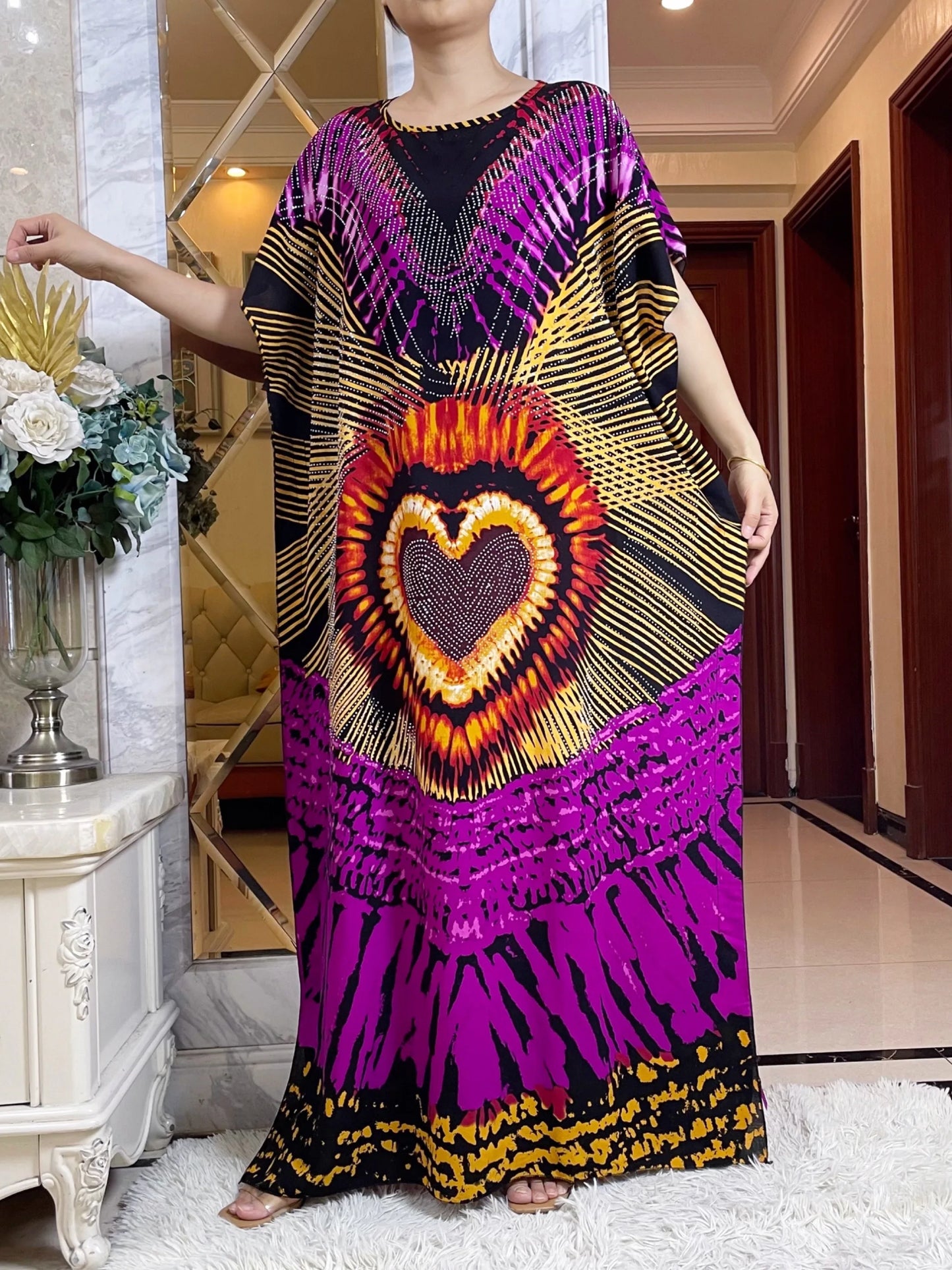 2024 New Muslim Women Clothing Short Sleeve Cotton Floral Dashiki Long Dress Abaya Dubai Diamond Islamic Clothing for Women