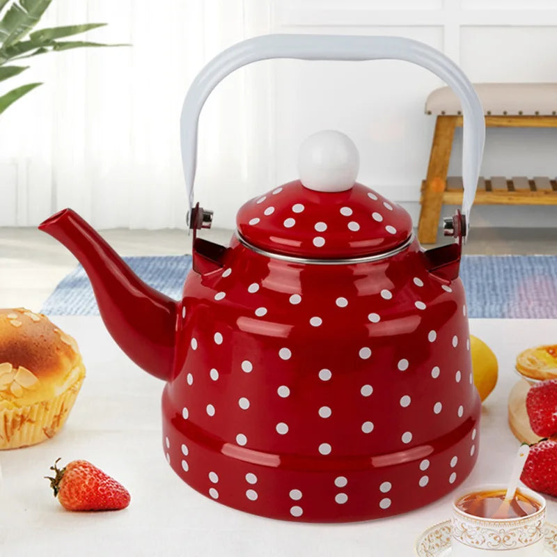 Enamel Kettle Red Polka Dot Durable Heating Water Kettle Lovely Enamel Teapot Kitchen Teapot Metal Tea Kettle For Home