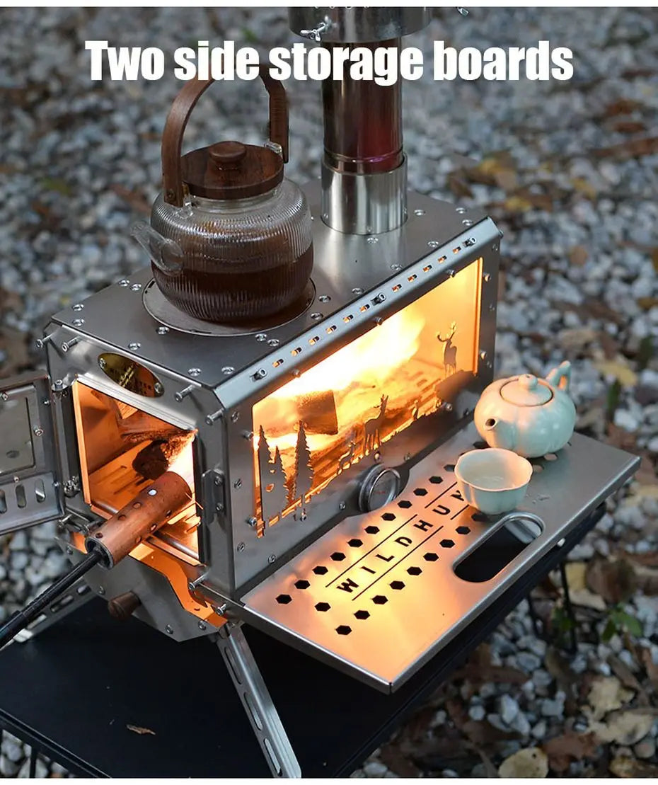 Camping Firewood Stove Outdoor Tent Heating Stove Picnic Cooking wood Stove with Chimney Furnace