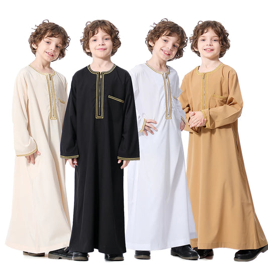 Muslim Boys Robe Embroidered Long Sleeve Dress Gown Saudi Arabia Abaya Kaftan Jubba Thobe Islamic Clothes Eid Djellaba Ramadan