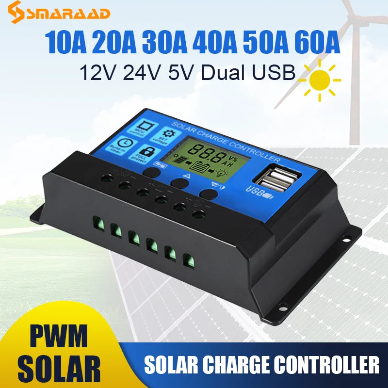 10A 20A 30A 40A 50A 60A Solar Charge Controller 12V 24V Auto PWM 5V Output Regulator PV Home Battery Charger LCD Dual USB