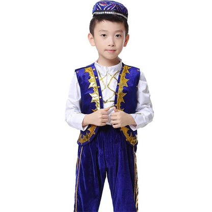 Traditional Muslim Clothing for Islamic Boy Arabic Jubba Thobe Arab Performance Saudi Arabia Dance Wear Top Pant Hat Set