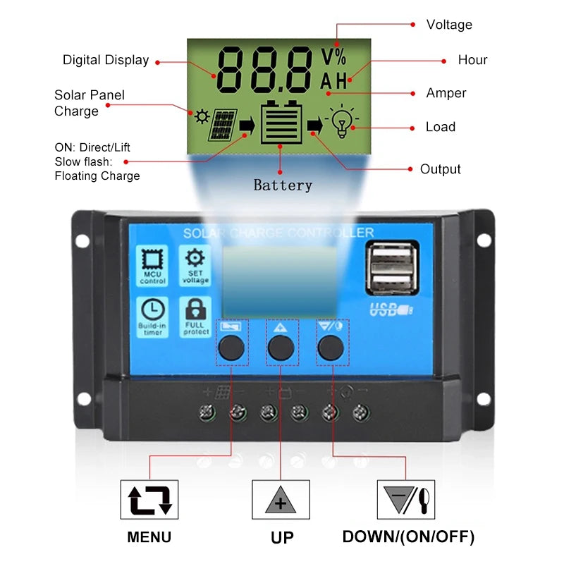 Energy Solar Controller Dual USB 5V Output LCD Display PWM Battery Charger 10A/12V/24V Solar Panel Charge and Discharge