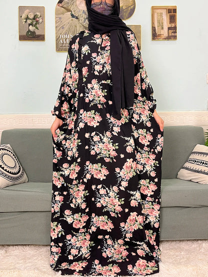 Muslim Traditional Ramadan Abayas For Women's Prayer Garment Cotton Printed Floral Boubou Loose Femme Robe Connected Headscarf