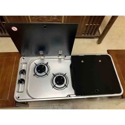 RV Gas Stove Two Burner Rectangular Stainless Steel Sink Combi with 2 Glass Lid 2.18KW 0.8MM Thickness for Car Kitchen