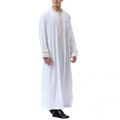 Men's Muslim Robes Middle East Arab Ramadan Islamic Clothing Solid Color Casual Lace Round Neck Long Sleeve T-shirt Dress Tunic