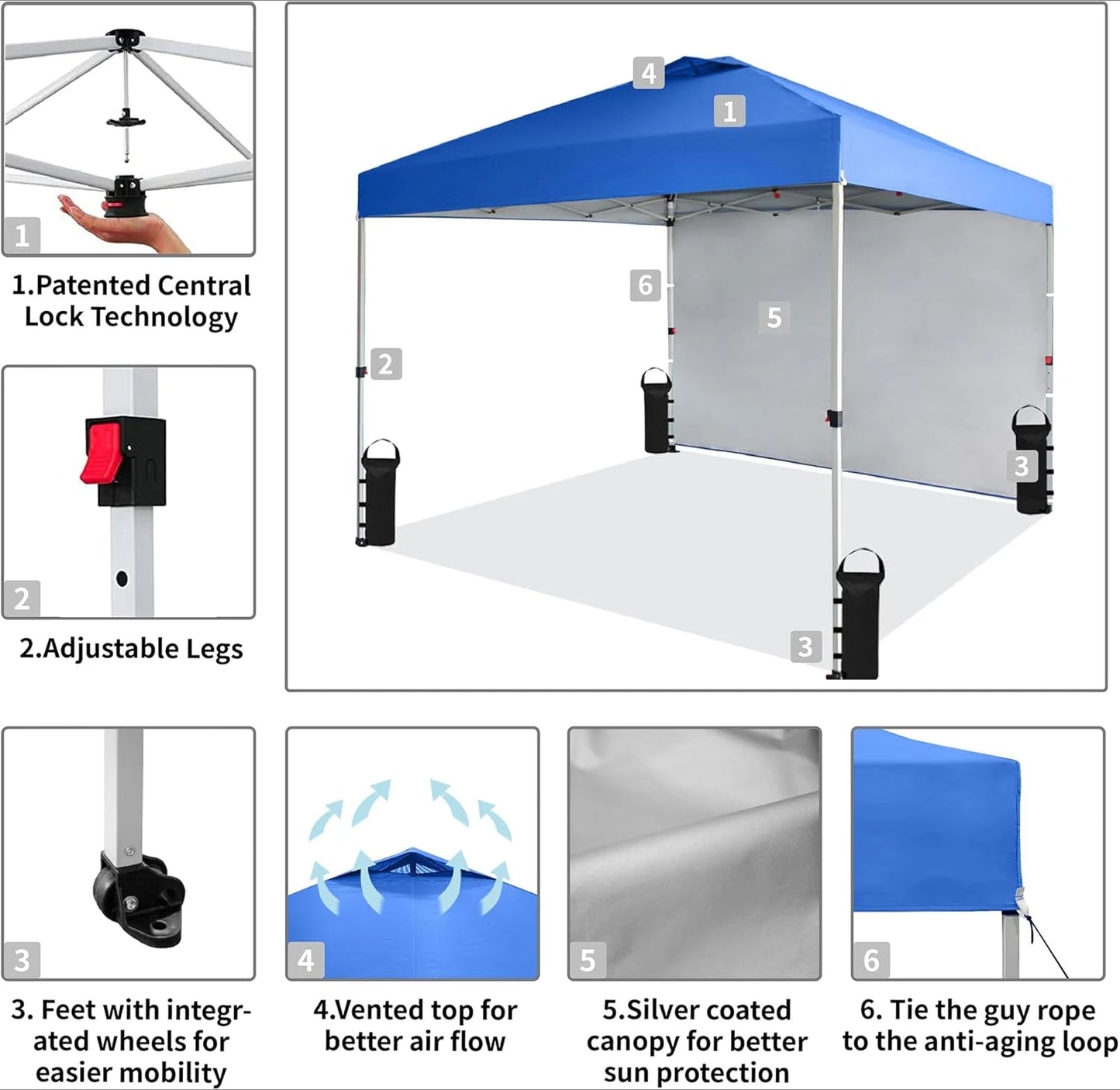 Canopy Tent, 10 x 10 Foot Portable Pop Up Outdoor Shelter with 1 Sidewall, Easy 1 Push Center Lock