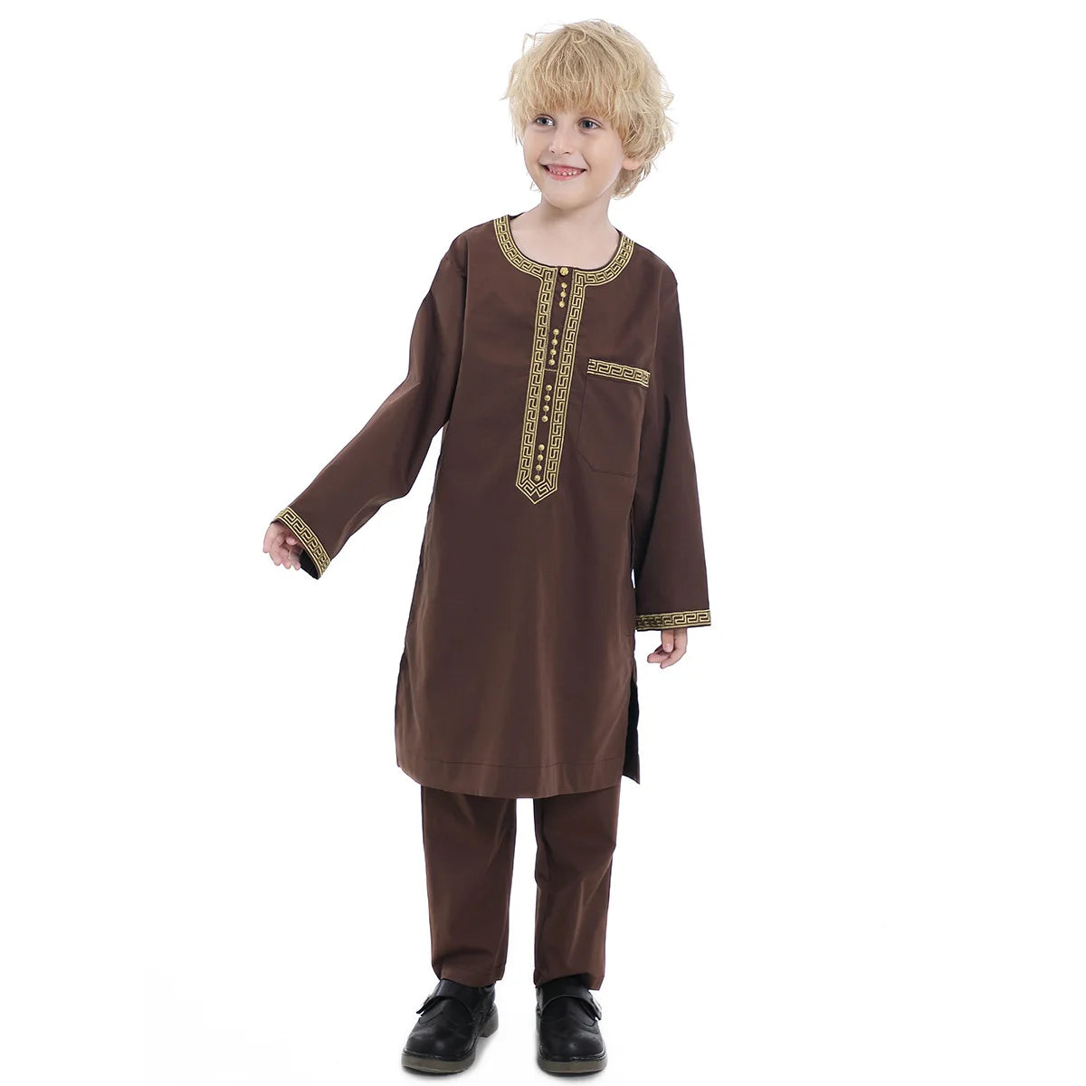 2025 Muslim Children Robe 2pc Set Long Sleeve Embroidery Dress Shirt+Pants Boys Fashion Abaya Kaftan Thobe Kids Islamic Clothing