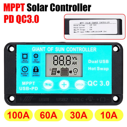 10A MPPT Solar Charge Controller 12V/24V Multiple Protection Solar Panel Regulator LCD Display Fast Charging 3.0 Battery Charger