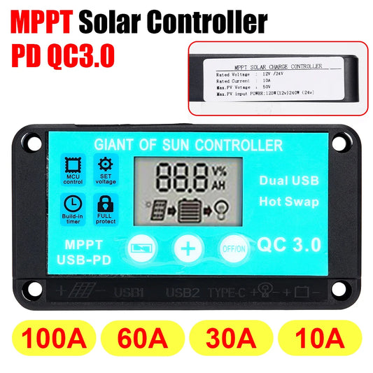 MPPT Solar Charge Controller 10A 12V/24V Multiple Protection Solar Panel Regulator LCD Display Fast Charging 3.0 Battery Charger