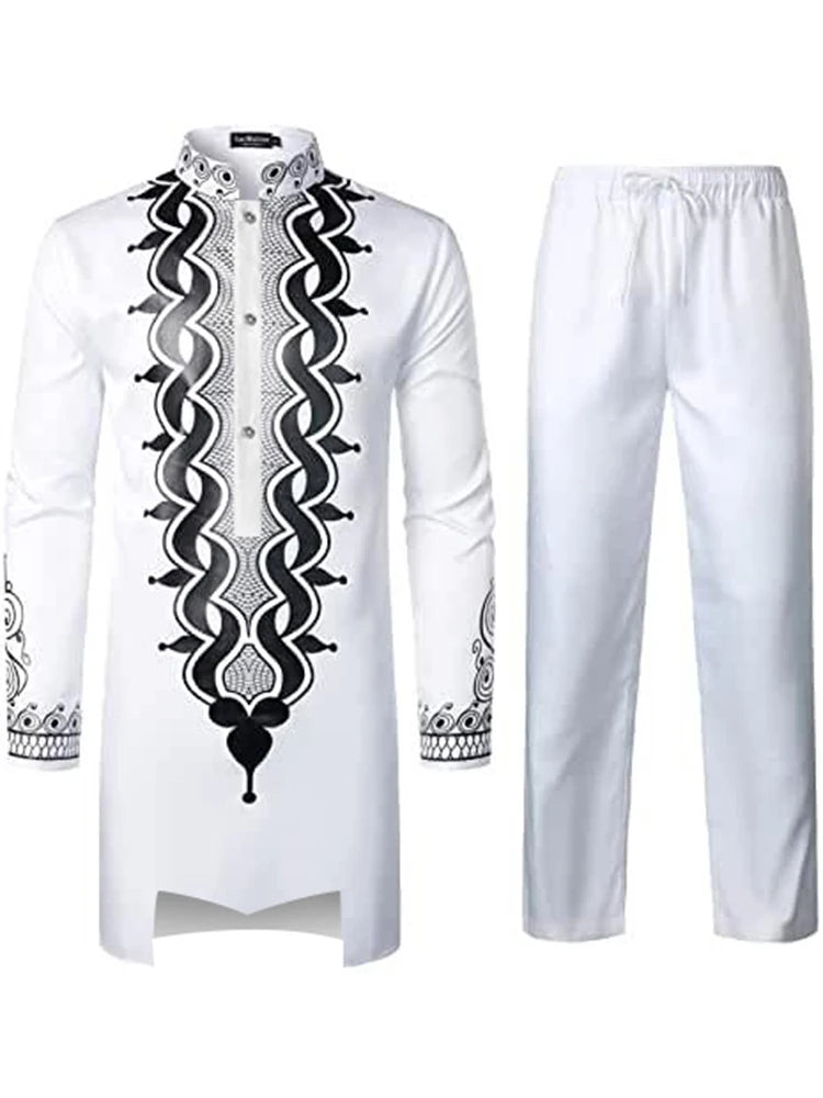 Muslim Robe Navy Blue Long-Sleeved Trousers The Traditional Dress of Arab Men 3D Pattern Printing Black White Yellow