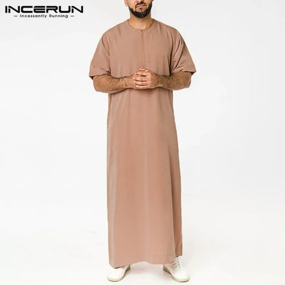 INCERUN Men Muslim Kaftan Short Sleeve Solid O Neck Jubba Thobe Abaya Middle East Dubai Saudi Arabia Islamic Mens Robes S-5XL